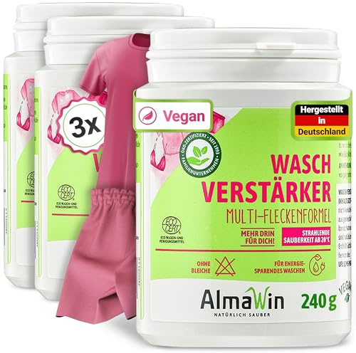 AlmaWin® Waschverstärker [3x 240g] mit Multi-Fleckenformel - Waschkraftverstärker ohne Bleichen - Fleckenentferner für strahlende Sauberkeit ab 20°C - Entfernt Blut, Deo, Gras & Mehr - VEGAN