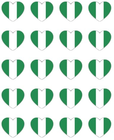 20 x 25mm Nigeria Flag Heart Stickers - Vinyl Stickers 25mm (1) - Weatherproof UV Resistant Set for Laptop Mobile Phone Decoration