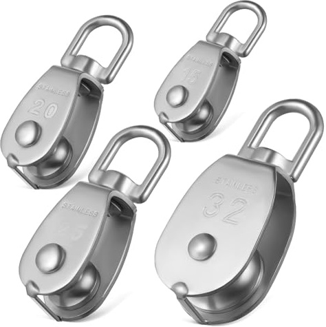 Amosfun 4pcs Single Rope Pulley Block Stainless Steel Heavy Duty Swivel Pulley Wheel Smooth Sliding Cable Roller for Rigging and Lifting Applications M15 M20 M25 M32