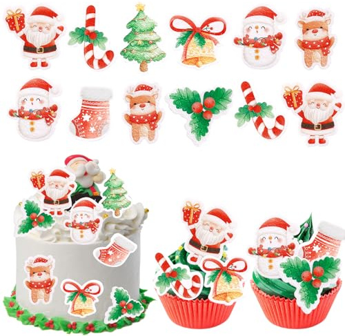 Affivia 48 Stk Essbare Tortendeko Weihnachten, Weihnachtsstreusel Essbar Tortendeko,Esspapier Kuchen Deko Weihnachten, Zuckerstangen,Weihnachtsmann,Weihnachts Muffin Deko,Cupcake Topper,Muffinförmchen