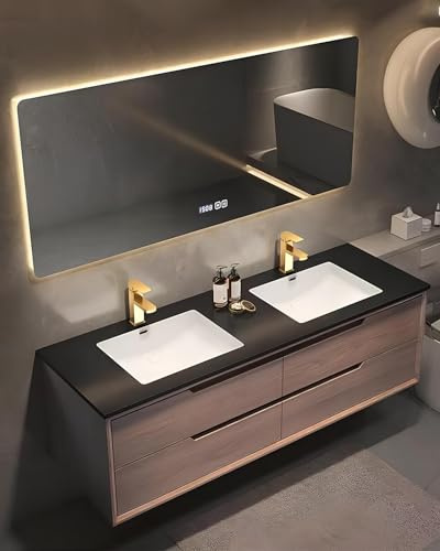 Lavandino Bagno con Mobiletto, Mobili Bagno Doppio Lavabo, Specchio A LED E 3 Cassetti, Mobiletto in Legno Massello, Ampia capacità di Contenimento