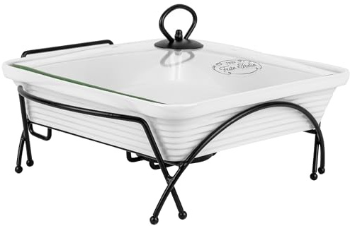 FESTA ITALIA Auflaufform Keramik mit Deckel - 2.3L - Lasagne Quadratisch Form - Weiss Auflaufformen mit Ständer Tealight - Ofenform - Backform - Lasagneform - Casserole Dish - Großkeramik