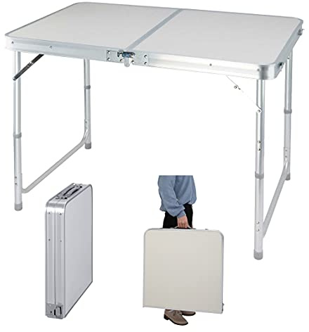 Grande Table Jardin Pliante 120x60cm, Table Repas Camping Aluminium Hauteur Ajustable, Surface MDF Blanche Lisse, Mobilier Portable Pliable pour Camping Pique-Nique Voyages Famille Barbecue et Fête