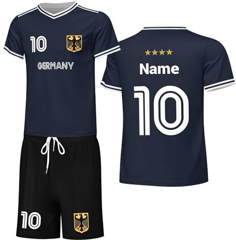 Personligt Tyskland fotbollströja, set, T-tröja + shorts för ungdomar och vuxna, individuellt namn och nummer, 2026, män, kvinnor, fotbollsfans, träning, sporttröja, marinblå, 3XL