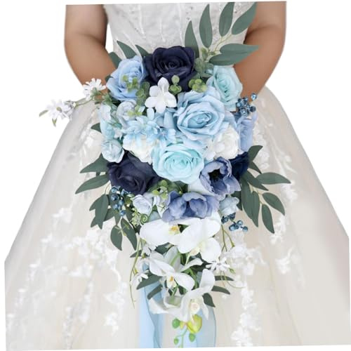 Hochzeitssträuße für Braut/Brautjungfer, Brautstrauß in Wassertropfenform, 10 x 20 cm, lebensechte hellblaue künstliche Blumen aus Kunststoff für Hochzeit, Blumensträuße für die Braut, Blumenstrauß
