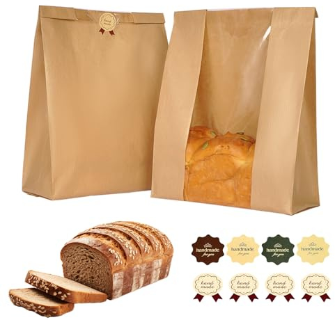 Funcoo 50 Pcs Paper Bread Bags for Home Sourdough Bread Bakery Storage Bags with Window, Large Bakery Loaf Bags for Baked Goods Packaging, Label Seal sticker included