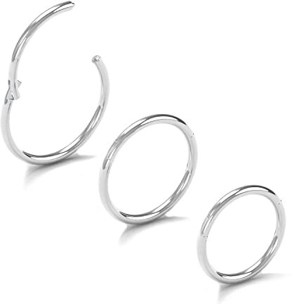 NewkeepsR 3PCS-20g×7/8/9mm Surgical Steel Clip Nose Ring, 20 Gauge Cartilage Full Hoop Earrings for Men and Women,Snap Hinged Clicker Seamless Silver Sleeper Earrings Piercing