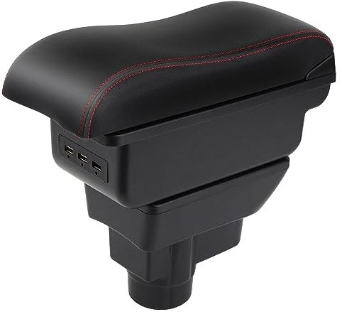 YJYWZH Armlehne für Opel Corsa D 2006-2014 Doppelstauraum mit 3 USB | Mittelarmlehne für Mittelkonsolen,2 USB+1 USB-C,Verschiebbare Armauflage,PU-Leder,Einfache Montage,Schwarz mit Roter Naht