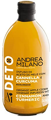 Deto Andrea Milano, Aceto di Mele Biologico con Madre con Cannella e Curcuma, Non Filtrato e Non Pastorizzato, Ideale da Bere Solo o come Condimento su Tartare di Carne o Tonno, Made in Italy, 500 ml