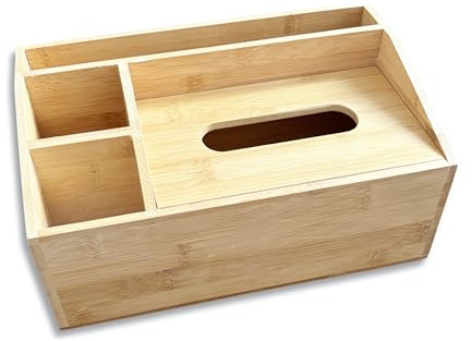 Natural Bamboo Wooden Multi-Function Tissue Box Holder - 4 Compartment Desk Organiser - Remote Control Holder Tissue Dispenser - Stationary Organiser and Condiment Caddy Organiser