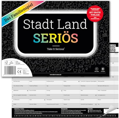 Stadt Land Seriös - Stadt Land Fluss Gesellschaftsspiel für Familien | Mit 72 lustigen Kategorien | Familienspiel für Kinder, Jugendliche & Erwachsene | 50 Seiten im DIN A4 Block | Take It Serious