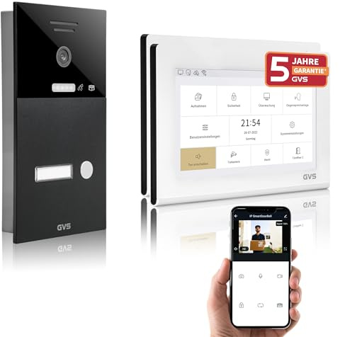 GVS IP Video Türsprechanlage mit Türöffner, 2X 7 Zoll Monitore & App | Smarte Video Türklingel mit Kamera und Monitor & App - Gegensprechanlage für 1 Familienhaus (AVS1322U)