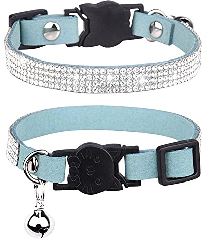 FUNAT Katzenhalsband mit Strasssteinen und Glocke, Mikrofaser, Katzenkopf-Sicherheitsschnalle, XS/S, Blau, Schottenmuster, für alle Katzengrößen