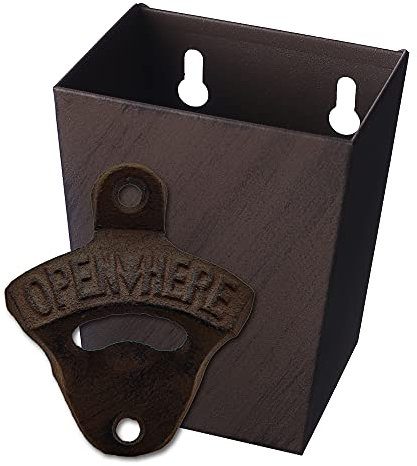 Rustic Cast Iron Beer Bottle Opener Wall Mounted with Cap Catcher Vintage Narrow Bundle Jumiok, Rustic Brown
