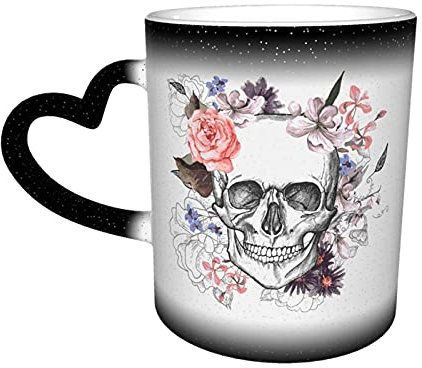 Oaieltj Tasse à changement de chaleur, motif tête de mort et fleurs, tasse à café sensible à la chaleur, tasse à thé au lait, tasses à café magiques, tasses coupées