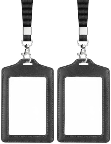 Teskyer 2 Pack Double Sided Clear Badge Holder with Lanyard, PU Leather ID Badge Name Card Holder with Stainless Steel J-Hook Nylon Lanyard for Work, School, Metro, Access, Black