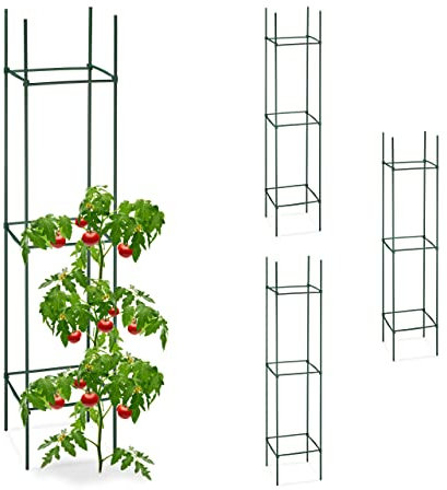 Relaxdays Tuteurs, Lot de 4, HxLxP : 150 x 32 x 32 cm, Fleurs et légumes, métal, Plastique, Aide à la Croissance, Vert