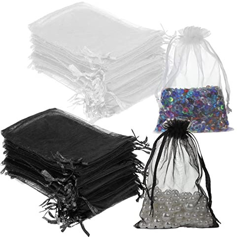 Svalor 100 Stück Organzasäckchen, Organza Säckchen 10x15cm, Organzabeutel mit Kordelzug, Geschenkbeutel Organza, für Hochzeit, Festival Süßigkeiten Party(Schwarz & Weiß)