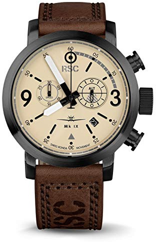 RSC Pilot's Watches Uomo 45mm Orologio da aviatore cronografo svizzero al quarzo Spitfire, marrone scuro, Militare