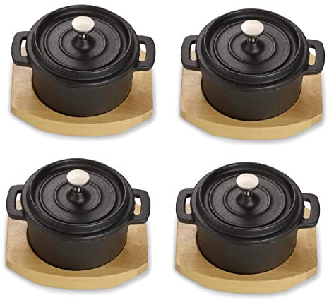 ECHTWERK Pentola in ghisa, mini pentola con tagliere da portata, piccola teglia già cotta, adatta per forno, barbecue, barbecue e induzione, ideale per servire, 200 ml, 4 pezzi