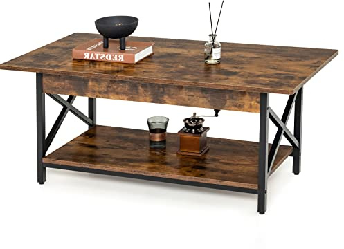 LIFEZEAL Mesa de Centro, Mesa de salón con Tablero Grande 110 x 60 x 48 cm, Mesa de Café de 2 Niveles con Estructura de Acero, Diseño Industrial (Marrón)