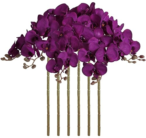 ICBOX 38 Inch Purple Flowers Faux Orchid 6 PCS Orchids Artificial Flowers Velvet Flowers Long Stem Artificial Flowers for Tall Vase for Home Wedding Decoration(Dark Purple)