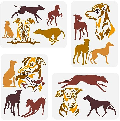 FINGERINSPIRE 4 Stück 4 Stile Windhund Malschablone 21x29.7 cm Wiederverwendbare Hundemuster Zeichenvorlage Tierthema Bastelschablone Zum Malen An Wänden Möbeln Heimwerker Heimdekoration