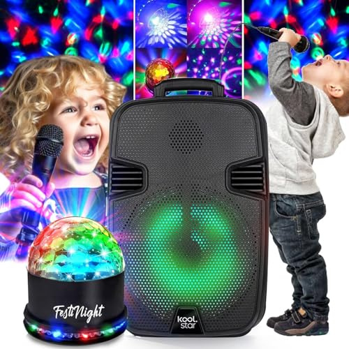 KARAOKE - Altoparlante DJ mobile per bambini, con batteria da 100 W, Boomers 20 cm, con LED RGB, USB Bluetooth, microfono, gioco di luce in regalo