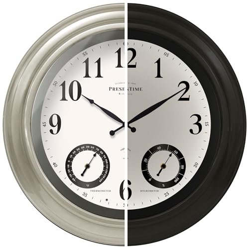 Presentime & Co 24 Jameson Illuminated in/Outdoor Clock, Modern Farmhouse, Self-Illuminated, Waterproof, Weather Station (Thermometer & Hygrometer), Metal Clock, Morning Silver. (Night Light)