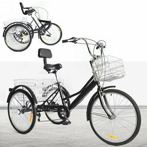 DSYOGX Dreiräder, 24 Zoll Dreirad für Erwachsene, 7 Gänge Pedal 3-Rad Fahrrad mit Einkaufskorb und Rückenlehne, für Erwachsene Männer, Frauen und ältere Menschen, Schwarz
