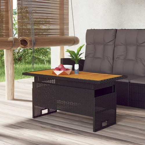 Homgoday Gartentisch Höhenverstellbar Terrassentisch Balkontisch Gartenmöbel Tisch Loungetisch Garten Esstisch mit Holztischplatte Schwarz 100x50x43/63 cm Akazienholz & Poly Rattan
