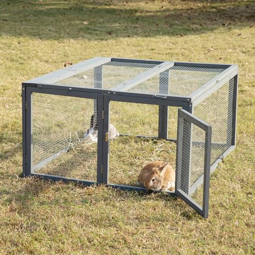 Großes zusammenlegbares Kaninchenhaus, 110x94x54cm, Freiestandinghölzerne Umzäunung, für Kaninchen, Hühnern, Meerschweinchen, grau