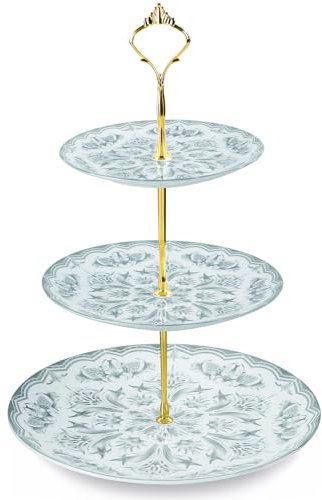 Xnqelerate 3 stöckiger Keramik-Kuchenständer, Moderne Küchen oder Party Deko, Gold Metal Frame Grayish Blaues Schneeflocken-Muster Dessertständer für Hochzeit, Geburtstag, Party