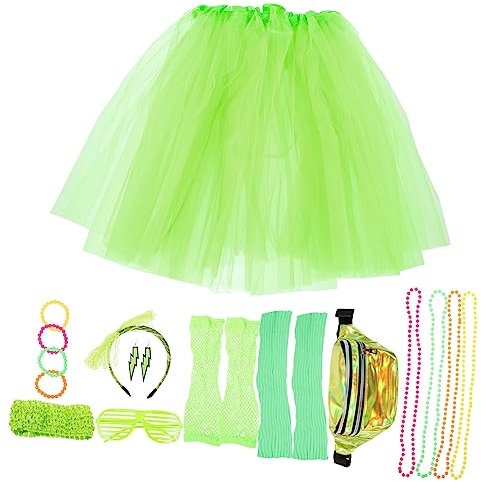 WRITWAA 1satz Damen Im Retro-Stil Jahre Kostüm Mit Neonfarbe Netzhandschuhen Stirnband Gürteltasche Halskette Und Armband Für Karneval Und Mottopartys