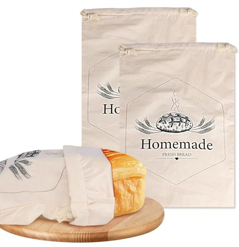 DOINEUFL 2 Pcak Linen Bread Bags for Homemade Bread, Eco Bread Bags to Keep Bread Fresh,Reusable Bread Bag Bread Storage
