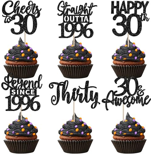 SYKYCTCY 24 Pack Happy 30th Birthday Cupcake Toppers Glitter Thirty Straight Outta 1996 Legend Since 1996 Cupcake Picks for Cheers to 30 Years 30th Birthday Wedding Party Decoration Supplies