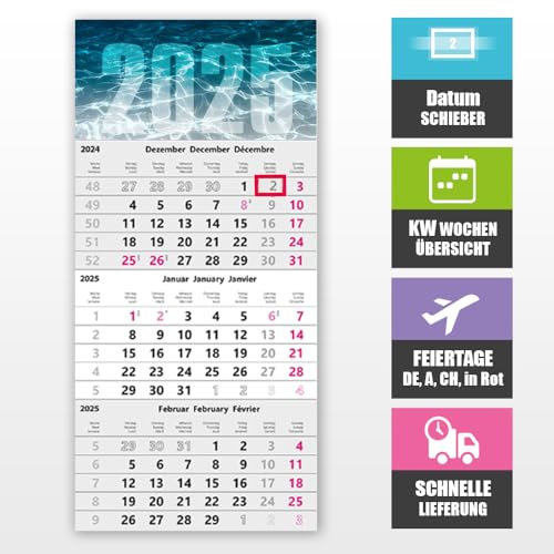 3- Monatskalender 2025 mit Datumsschieber – Wandkalender 30 x 49 cm für optimale Planung, Wanplaner 3 Monate Übersicht, 3 Monats Planer, KW-Wochen Übersicht, Feiertage DE, A, CH, Motiv: Wasser