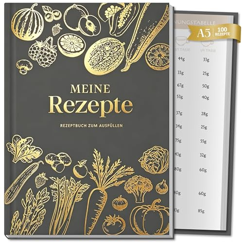 BIROYAL Rezeptbuch zum Selberschreiben A5, 120g Papier, Hardcover | Eigenes Kochbuch mit Umrechnungstabelle & Inhaltsverzeichnis, Platz für 100 Rezepte, Doppelseite pro Rezept, für Hobbyköche