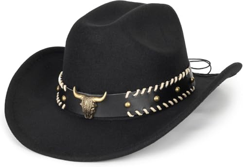 Sombrero de vaquero clásico western para hombre y mujer de ala ancha de fieltro con banda de toro, M