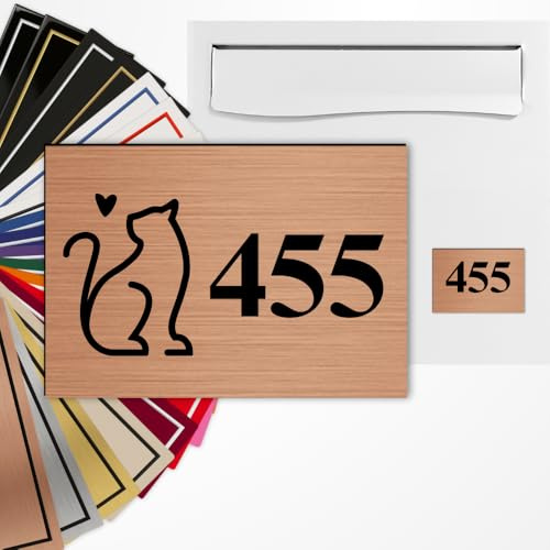 Numéro de Boîte aux Lettres Personnalisé Motif Cuivre brossé/Noir | Gravure laser, PVC anti-UV, 3 formats, 40 motifs au choix, pose adhésive sans perçage, lisible à distance