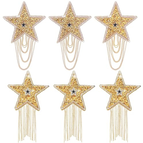 6 Stück Bügelbilder für Kleidung glänzend goldfarben Strass Quaste fünfzackiges Sternmuster mit Ketten für Hüte Jeans Taschen Bastelarbeiten