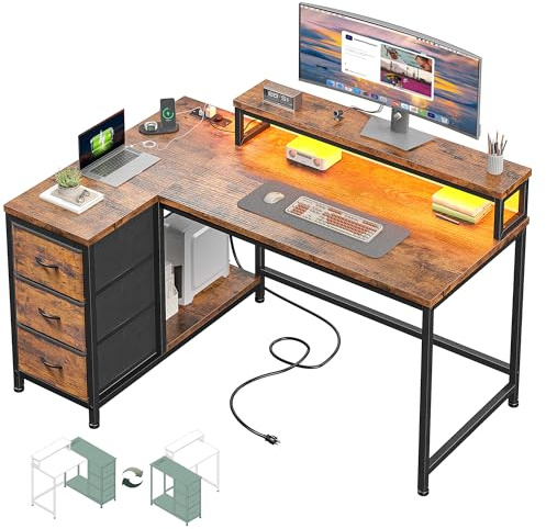 EnHomee L Shaped Computer Desk, 120x80CM Sturdy Gaming Corner Desk with Monitor Stand & LED Lights & Power Outlets, Reversible PC Desk with Fabric Drawers for Home Corner Table & Workstations