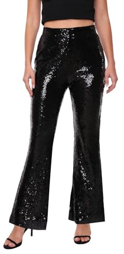 YYPBI Glitzer Hose Damen Pailletten Schlaghose High Waist Weites Bein Paillettenhose 70er 80er Disco Rave Hosen Festival Club Outfit Schwarz L