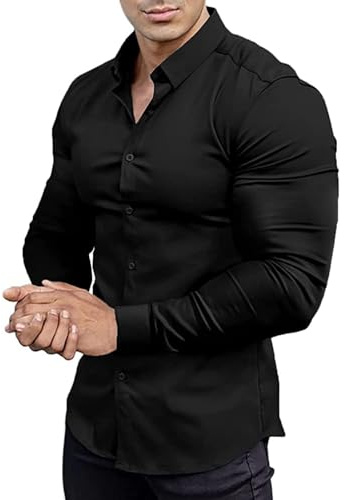 Camisa de hombre de manga larga elástica para hombre, ajuste muscular, atlética, ajustada, manga larga, elástica, informal, con botones