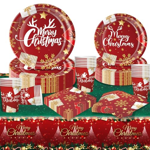 Moerstar Christmas Party Tableware Set, Christmas Paper Plates Set with Paper Cups Tablecloth Napkins, Xmas Party Table Decorations (A01)