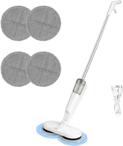 Cordless Electric Mop, Dual Spin Floor Cleaning Mop with Water Sprayer, Lightweight & Floor Scrubber with 200ML Water Tank, Rechargeable Floors Polisher Scrubber for Tile, Hardwood (White)