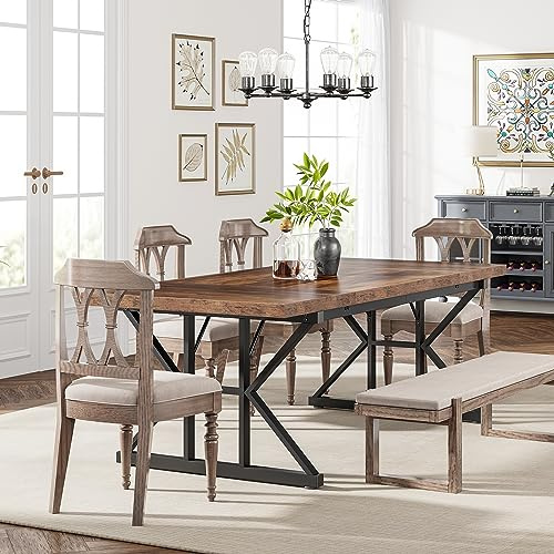 Tribesigns Farmhouse Dining Table for 6 People, 63-Inch Rectangular Wood Dining Table, Rustic Kitchen Table with Heavy Duty Metal Legs for Dining Room (Brown/Black)