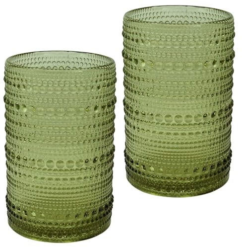 Elvida Interiors Hobnail Beaded Glass Tumblers Hi-Ball Design Drinking Glasses (2, Green)