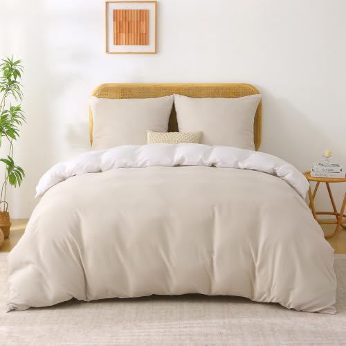 softan Bettwäsche 220x240 3teilig Beige Weiß- 1 Bettbezug 220x240 cm mit 2 Kissenbezüge 80x80 cm, Wendebettwäsche aus Mikrofaser mit Reißverschluss Bettwäsche-Sets Weich und Bügelfrei