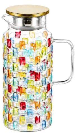 BREEZENEST Colorful Crystal Glass Pitcher Large 1.5L Iced Tea Water Jug Carafe Heavy Duty Borosilicate Dispenser for Hot/Cold Juice Lemonade Party Home Kitchen Decor Holiday